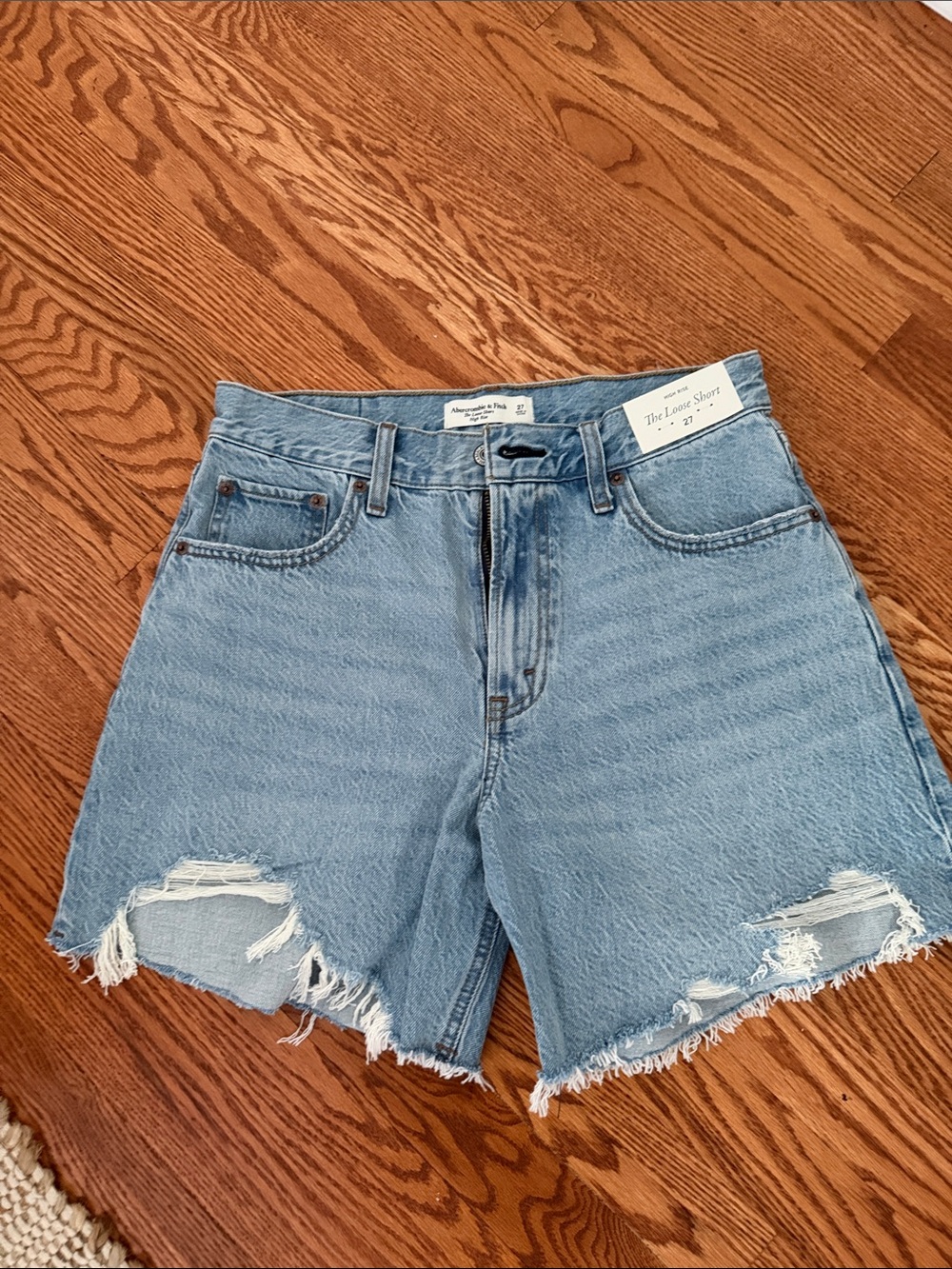 Abercrombie & Fitch The Loose Short Light Wash Distressed High-Rise Denim Shorts